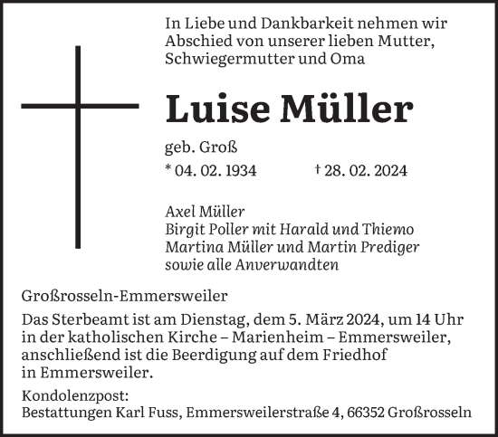 Traueranzeige von Luise Müller von saarbruecker_zeitung