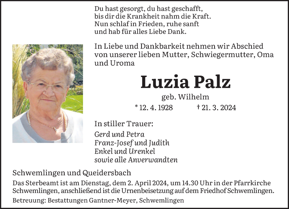  Traueranzeige für Luzia Palz vom 23.03.2024 aus saarbruecker_zeitung