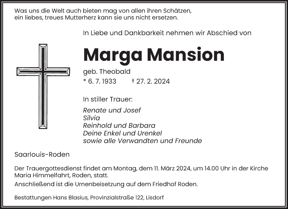  Traueranzeige für Marga Mansion vom 02.03.2024 aus saarbruecker_zeitung
