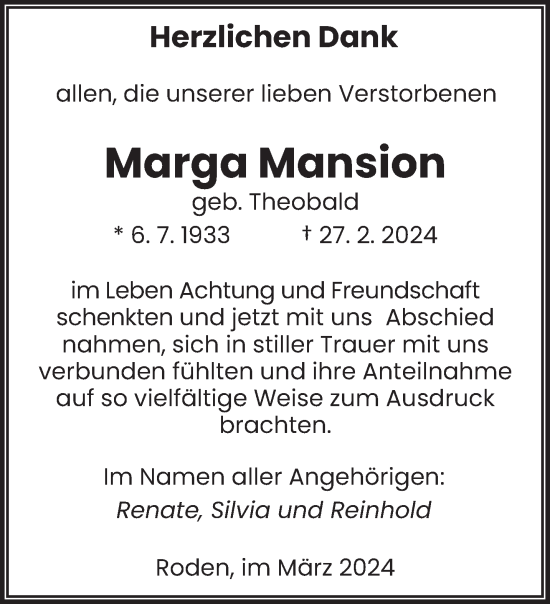 Traueranzeige von Marga Mansion von saarbruecker_zeitung