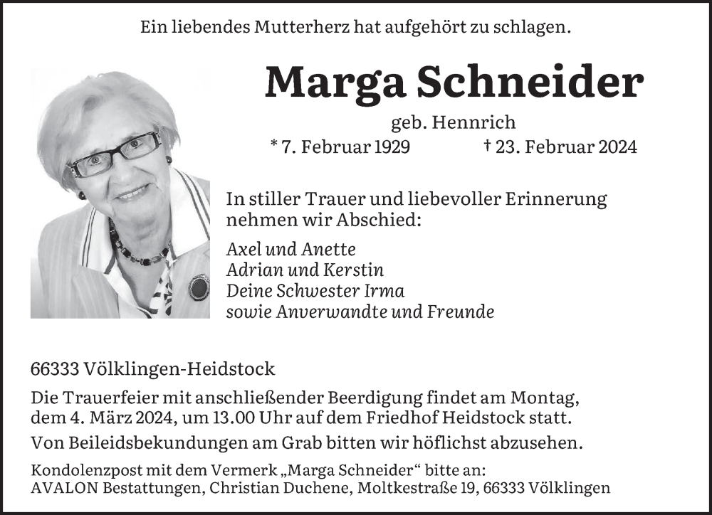  Traueranzeige für Marga Schneider vom 02.03.2024 aus saarbruecker_zeitung