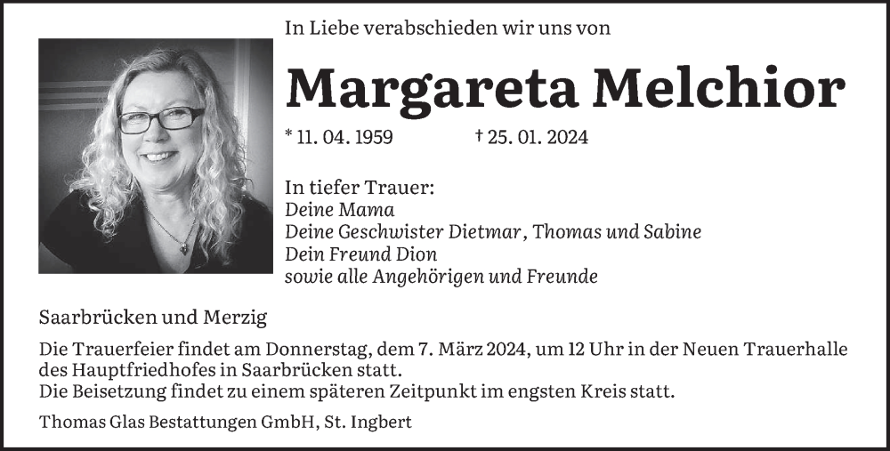  Traueranzeige für Margareta Melchior vom 02.03.2024 aus saarbruecker_zeitung