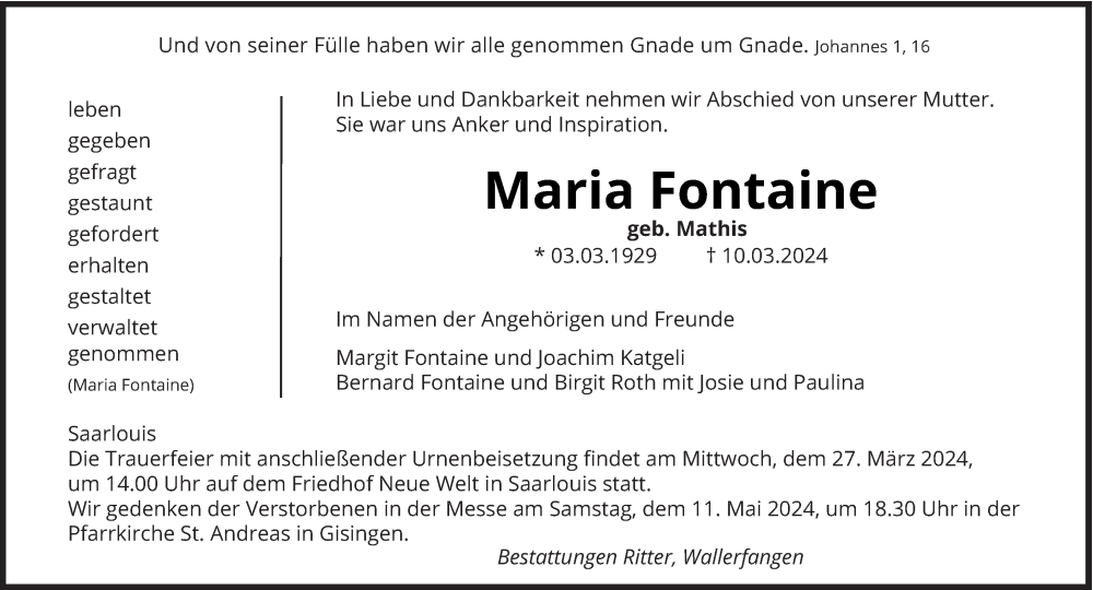  Traueranzeige für Maria Fontaine vom 23.03.2024 aus saarbruecker_zeitung