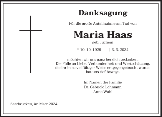 Traueranzeige von Maria Haas von saarbruecker_zeitung