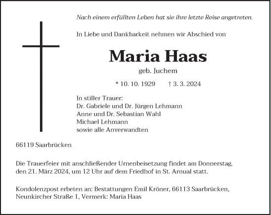 Traueranzeige von Maria Haas von saarbruecker_zeitung