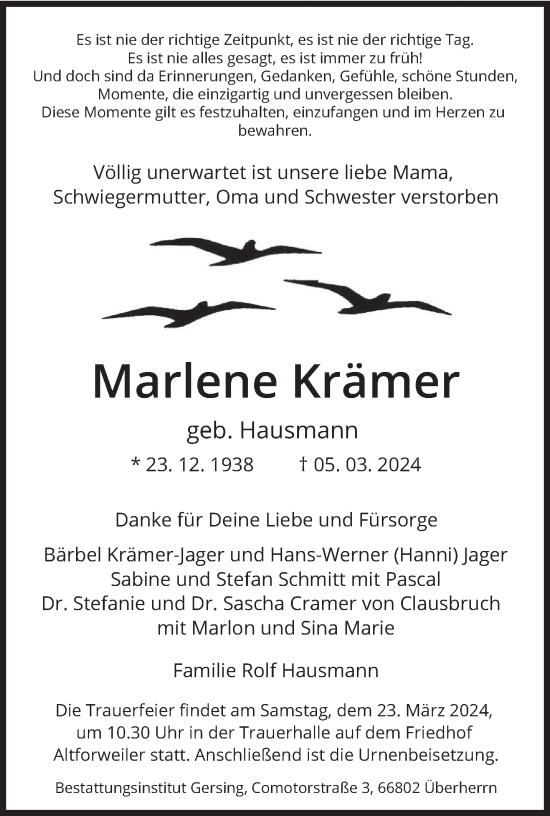 Traueranzeige von Marlene Krämer von saarbruecker_zeitung