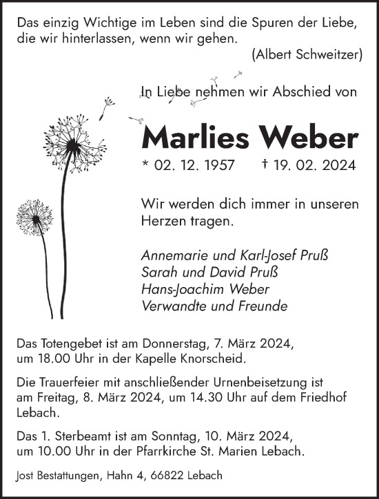 Traueranzeige von Marlies Weber von saarbruecker_zeitung