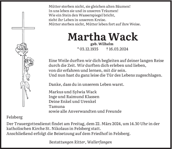 Traueranzeige von Martha Wack von saarbruecker_zeitung