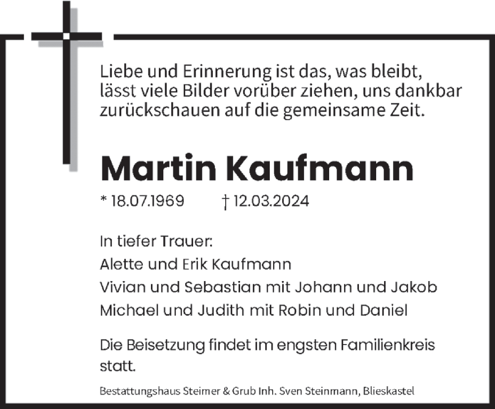  Traueranzeige für Martin Kaufmann vom 23.03.2024 aus saarbruecker_zeitung