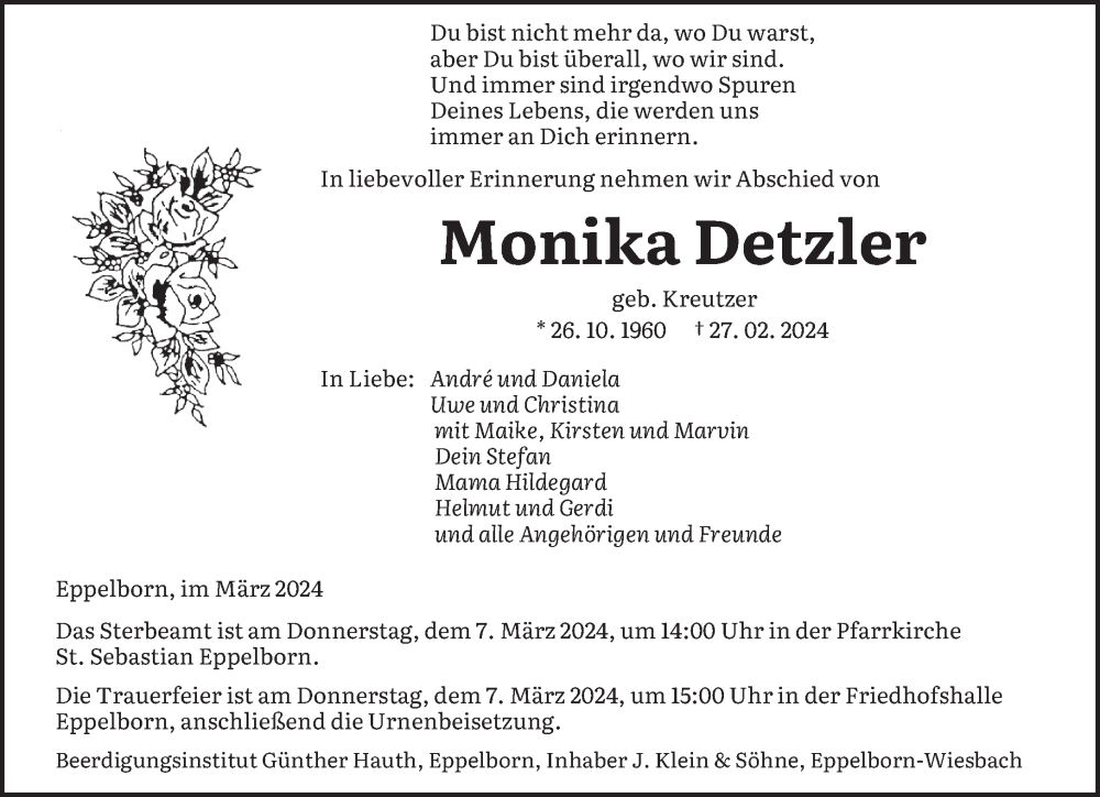  Traueranzeige für Monika Detzler vom 02.03.2024 aus saarbruecker_zeitung