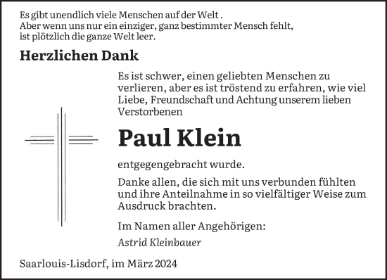 Traueranzeige von Paul Klein von saarbruecker_zeitung