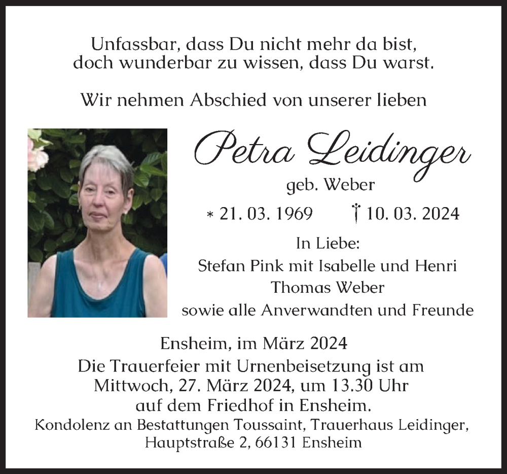  Traueranzeige für Petra Leidinger vom 16.03.2024 aus saarbruecker_zeitung
