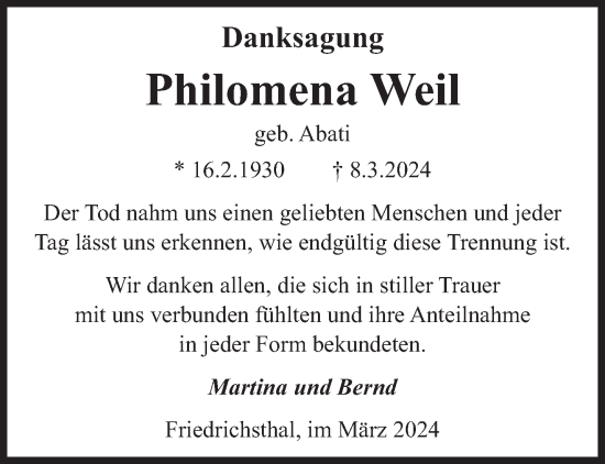 Traueranzeige von Philomena Weil von saarbruecker_zeitung