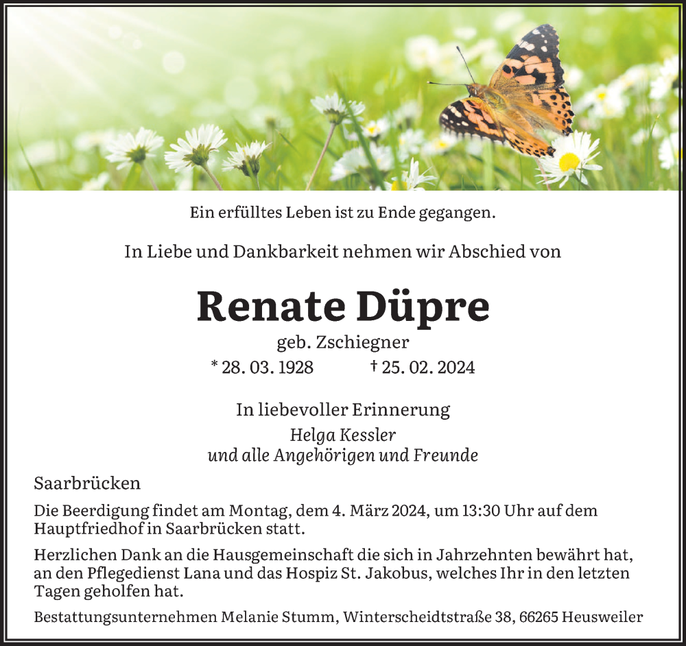  Traueranzeige für Renate Düpre vom 02.03.2024 aus saarbruecker_zeitung