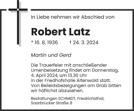 Traueranzeige von Robert Latz von saarbruecker_zeitung