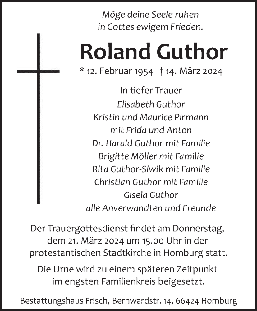  Traueranzeige für Roland Guthor vom 19.03.2024 aus saarbruecker_zeitung