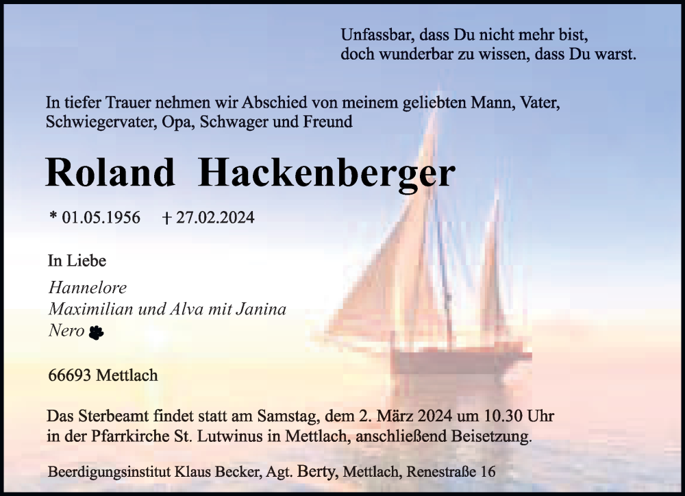  Traueranzeige für Roland Hackenberger vom 29.02.2024 aus saarbruecker_zeitung