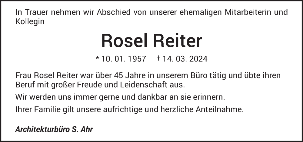  Traueranzeige für Rosel Reiter vom 23.03.2024 aus saarbruecker_zeitung