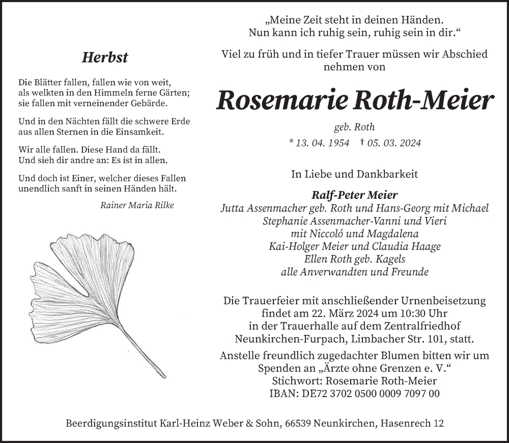  Traueranzeige für Rosemarie Roth-Meier vom 16.03.2024 aus saarbruecker_zeitung