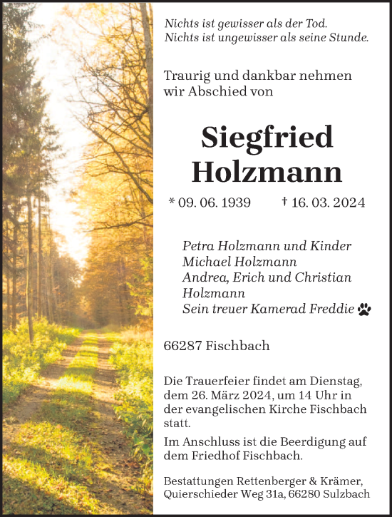 Traueranzeige von Siegfried Holzmann von saarbruecker_zeitung