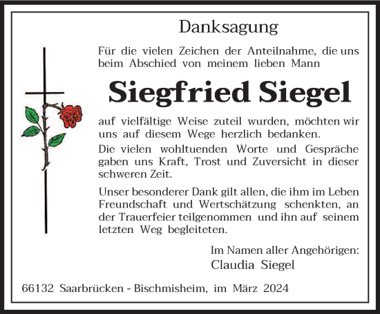 Traueranzeige von Siegfried Siegel von saarbruecker_zeitung