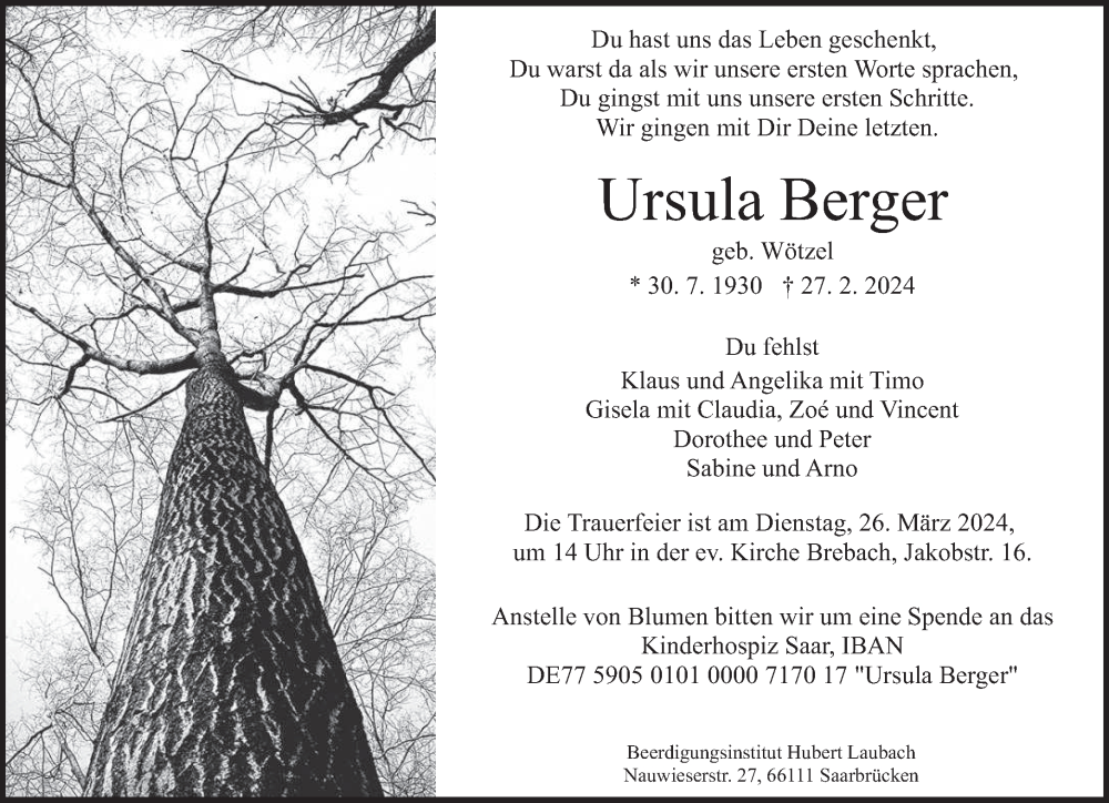  Traueranzeige für Ursula Berger vom 16.03.2024 aus saarbruecker_zeitung