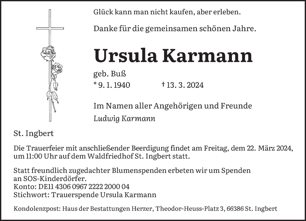  Traueranzeige für Ursula Karmann vom 19.03.2024 aus saarbruecker_zeitung