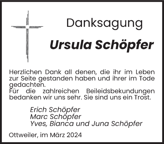 Traueranzeige von Ursula Schöpfer von saarbruecker_zeitung