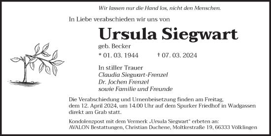 Traueranzeige von Ursula Siegwart von saarbruecker_zeitung