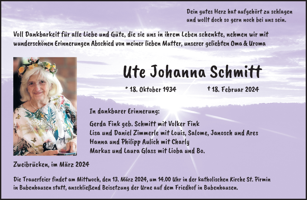  Traueranzeige für Ute Johanna Schmitt vom 08.03.2024 aus saarbruecker_zeitung