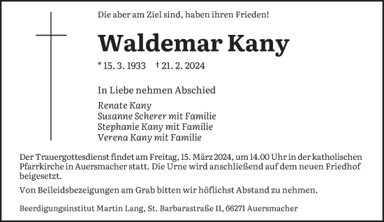 Traueranzeige von Waldemar Kany von saarbruecker_zeitung