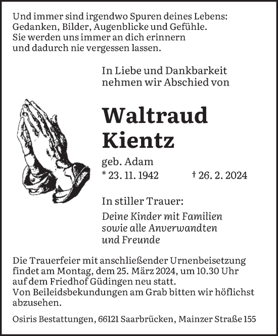 Traueranzeige von Waltraud Kientz von saarbruecker_zeitung