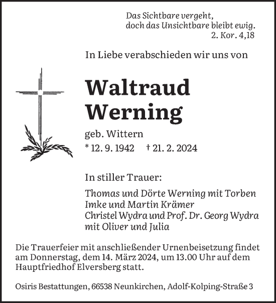 Traueranzeige von Waltraud Werning von saarbruecker_zeitung