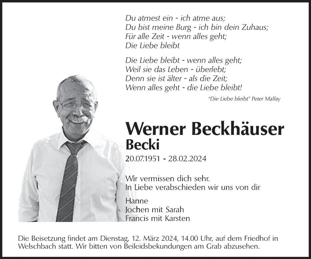  Traueranzeige für Werner Beckhäuser vom 09.03.2024 aus saarbruecker_zeitung