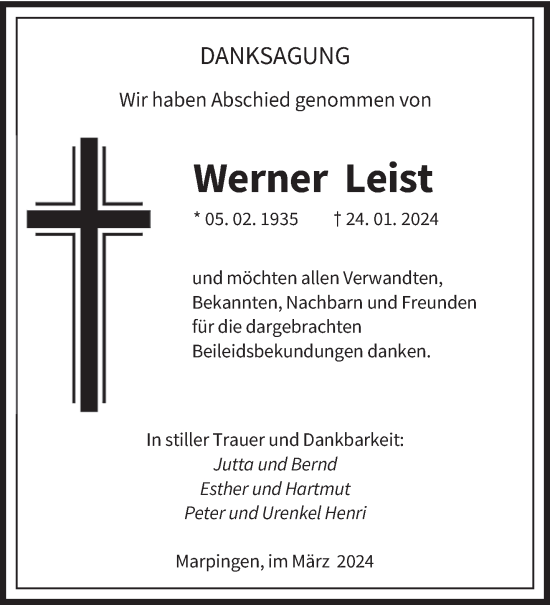 Traueranzeige von Werner Leist von saarbruecker_zeitung
