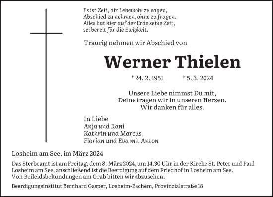 Traueranzeige von Werner Thielen von saarbruecker_zeitung