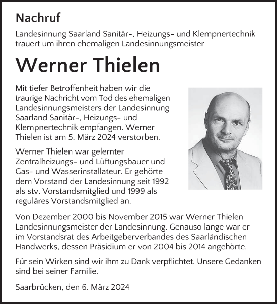 Traueranzeige von Werner Thielen von saarbruecker_zeitung
