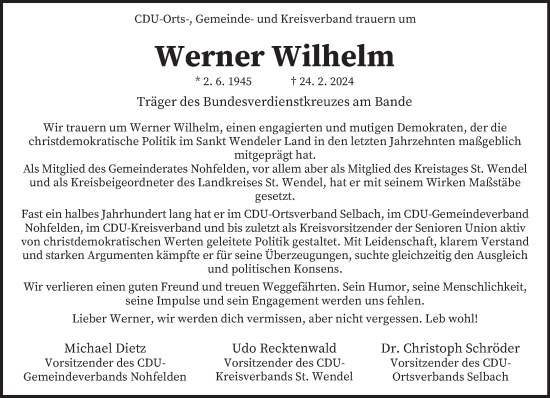 Traueranzeige von Werner Wilhelm von saarbruecker_zeitung