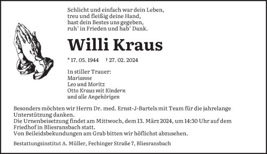 Traueranzeige von Willi Kraus von saarbruecker_zeitung