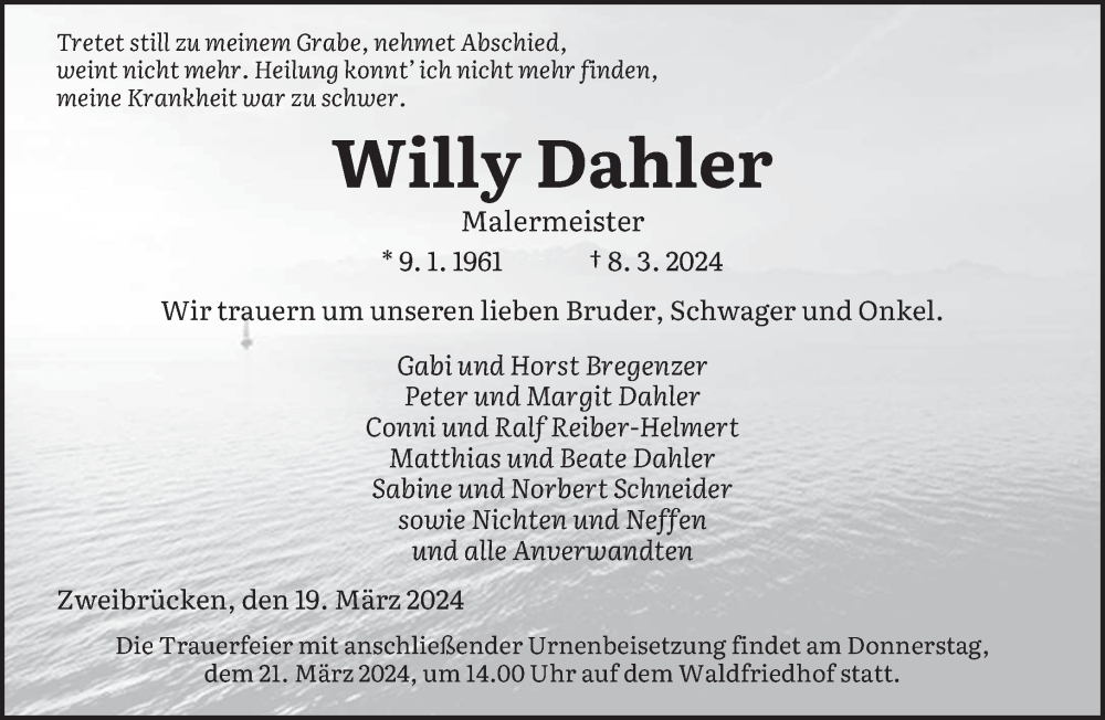  Traueranzeige für Willy Dahler vom 19.03.2024 aus saarbruecker_zeitung