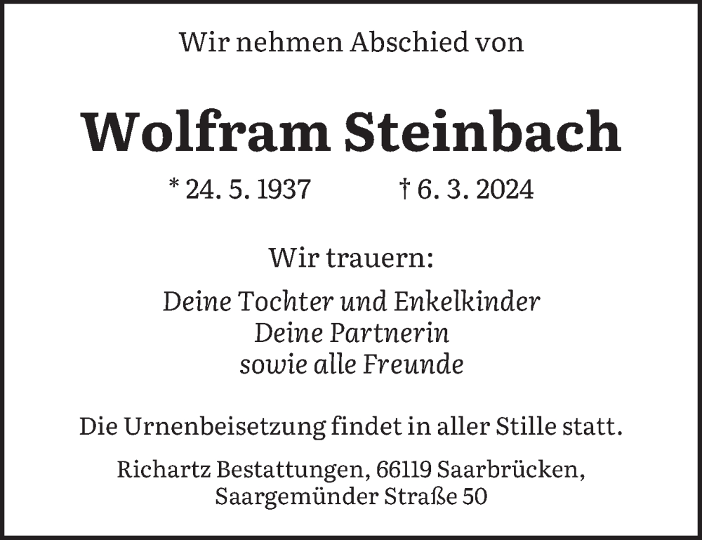  Traueranzeige für Wolfram Steinbach vom 16.03.2024 aus saarbruecker_zeitung