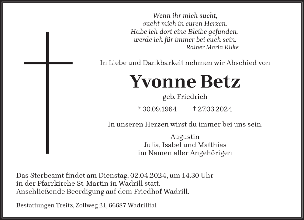  Traueranzeige für Yvonne Betz vom 30.03.2024 aus saarbruecker_zeitung