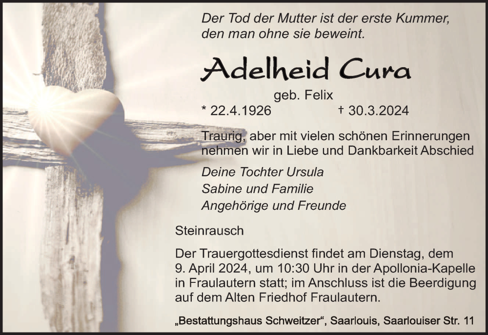  Traueranzeige für Adelheid Cura vom 06.04.2024 aus saarbruecker_zeitung