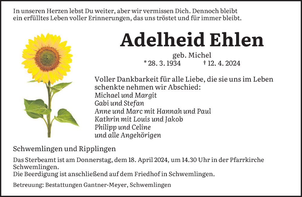  Traueranzeige für Adelheid Ehlen vom 16.04.2024 aus saarbruecker_zeitung