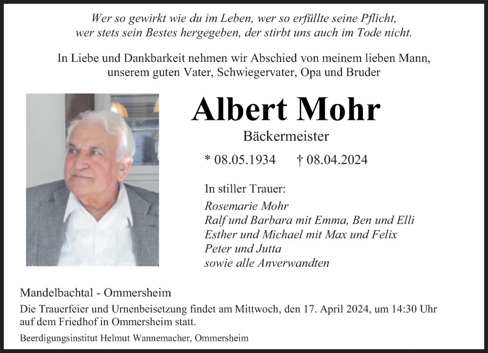  Traueranzeige für Albert Mohr vom 13.04.2024 aus saarbruecker_zeitung