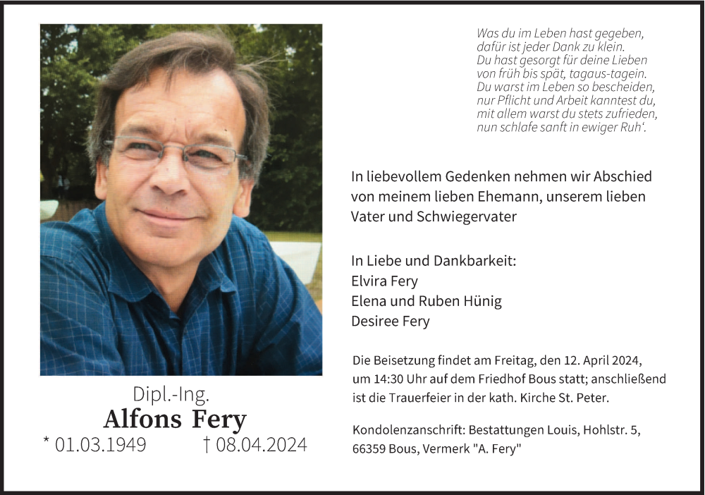  Traueranzeige für Alfons Fery vom 11.04.2024 aus saarbruecker_zeitung
