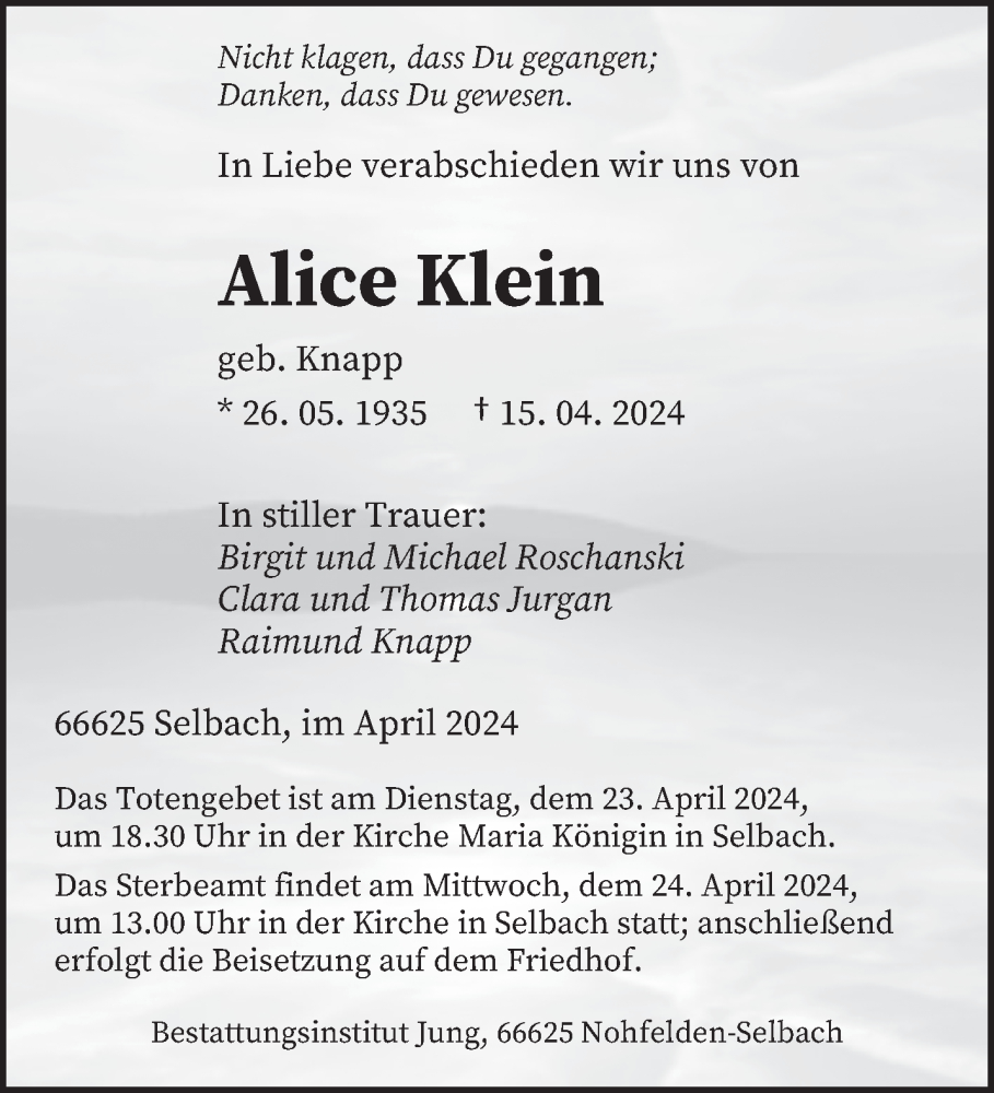  Traueranzeige für Alice Klein vom 20.04.2024 aus saarbruecker_zeitung