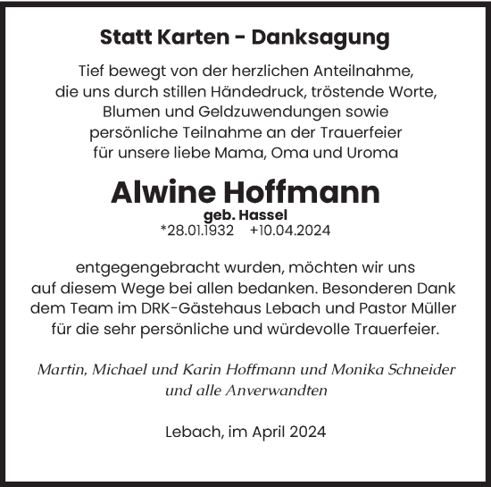 Traueranzeige von Alwine Hoffmann von saarbruecker_zeitung