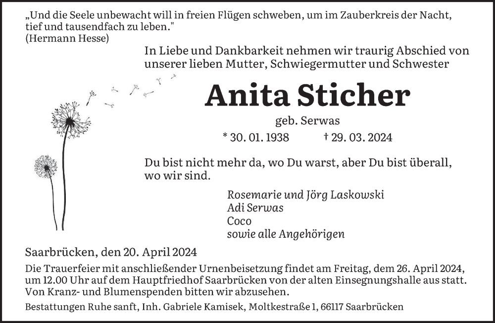  Traueranzeige für Anita Sticher vom 20.04.2024 aus saarbruecker_zeitung