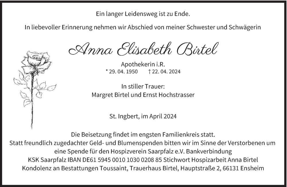  Traueranzeige für Anna Birtel vom 27.04.2024 aus saarbruecker_zeitung
